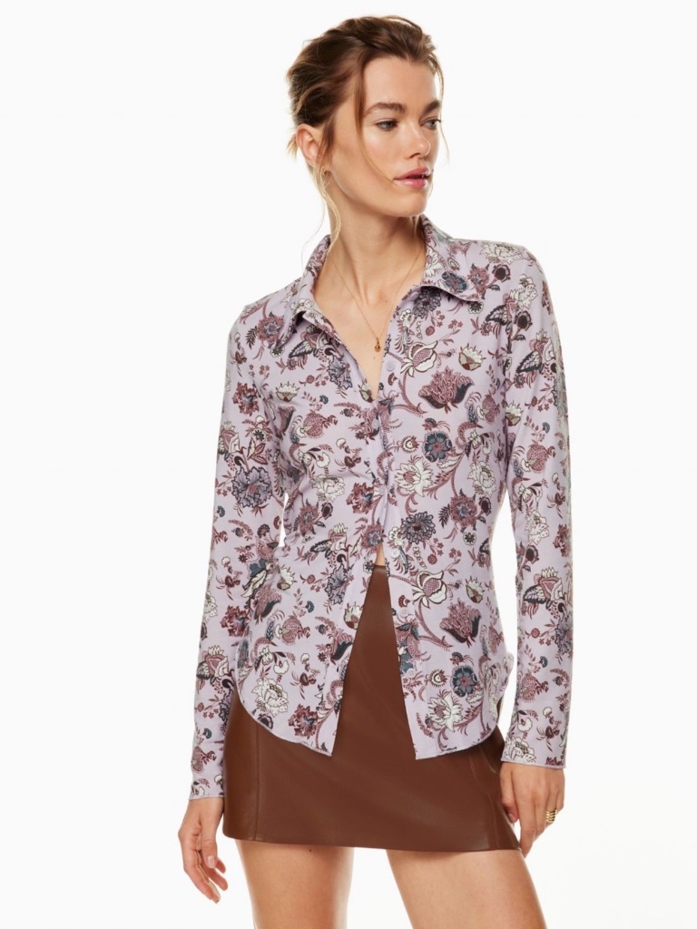 Aritzia Wilfred Pose Button Front Lilac Floral Top Women’s Size XL NWT